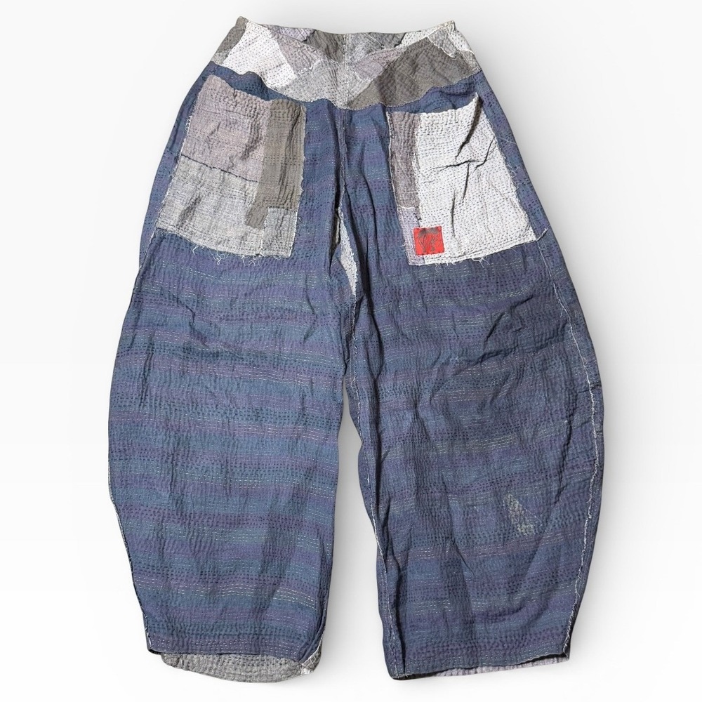 Mieko Mintz Reversible Kantha Patchwork Lantern Pants Blue Grey Handmade Vintage